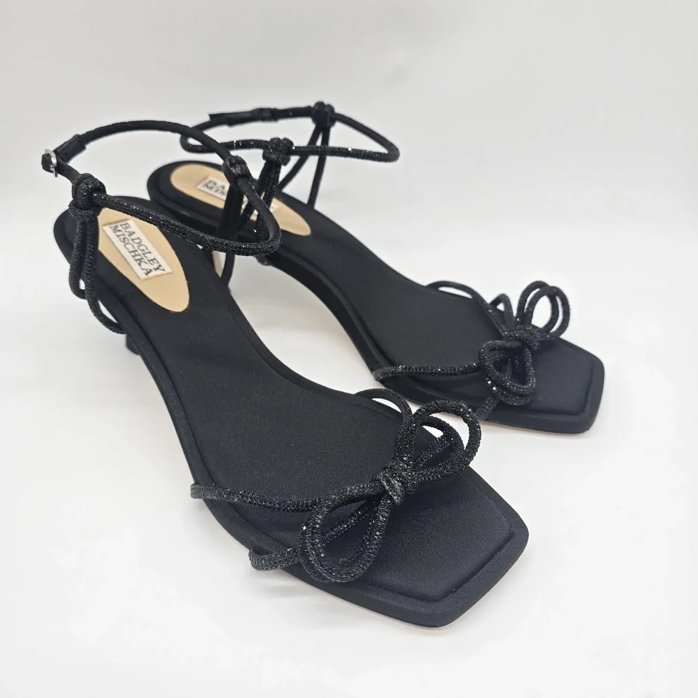 Badgley Mischka Crystal Bow Kitten Heel Sandals Black 10